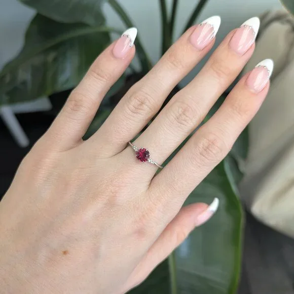 Round Rubellite Tourmaline Ring in Solid 14K White Gold with Diamond Accents